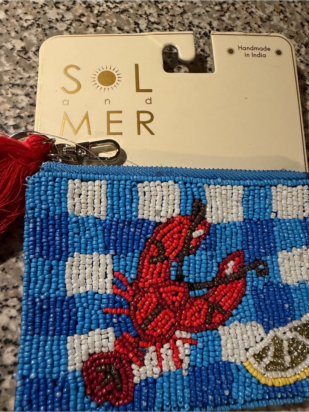 Sol and Mer Blue Beaded Mini Bag with Red Lobster Motif